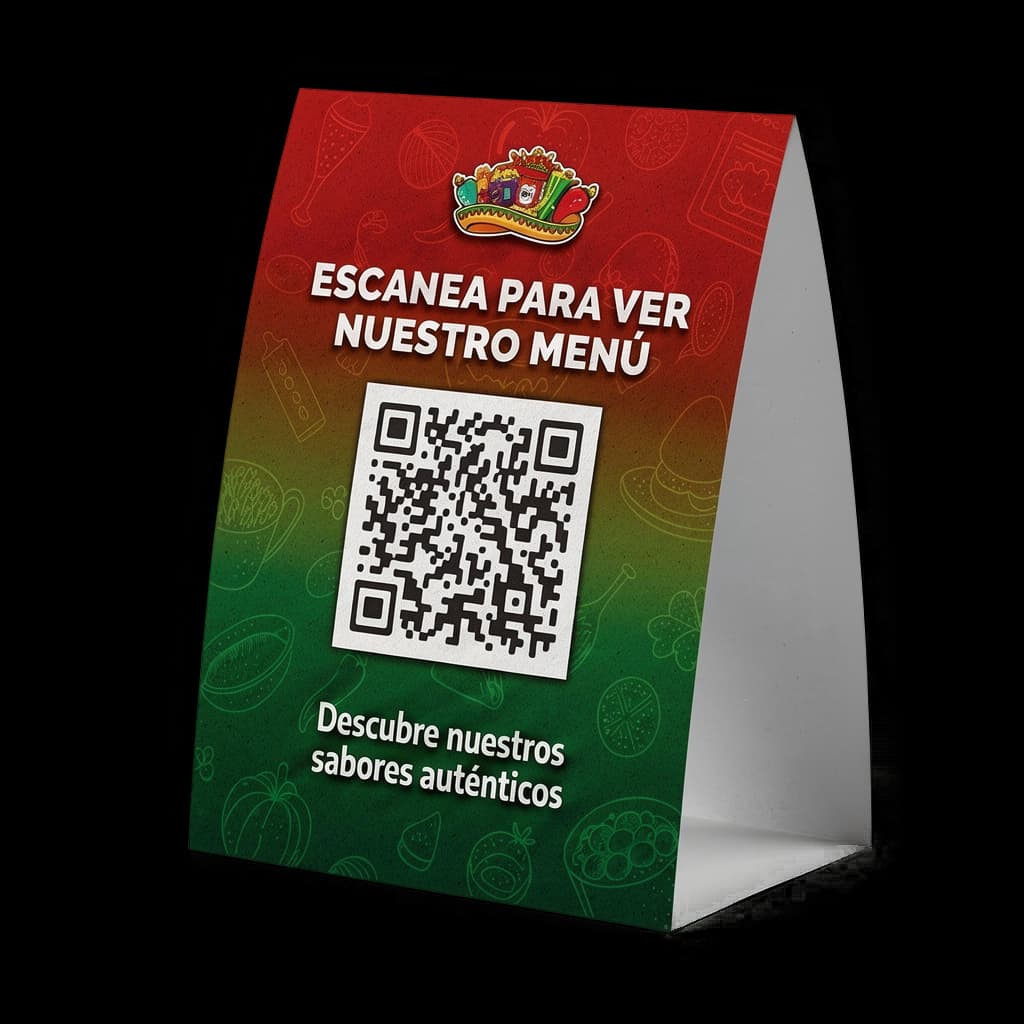 Exhibidor tipo pirámide con código QR para menú digital en mesa de restaurante